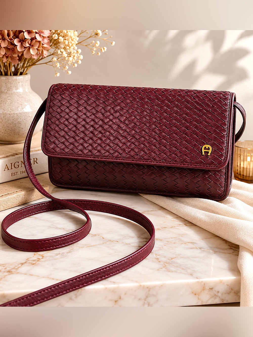 Vintage Etienne Aigner Intrecciato Woven Burgundy Leather Shoulder Bag